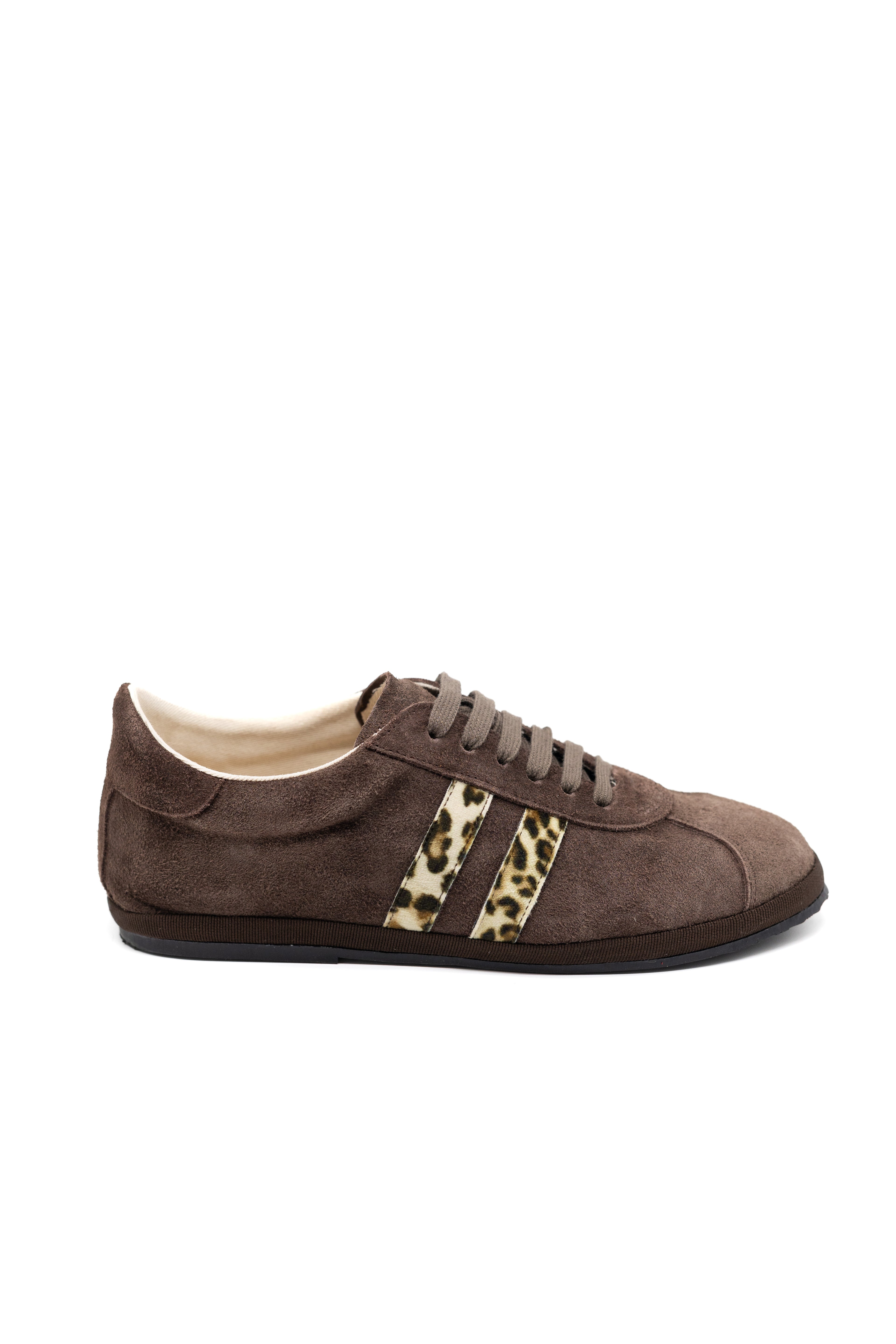 Handcrafted Gondolina Caorlina Sneakers in brown suede and leopard detail, featuring authentic Venetian design, main view