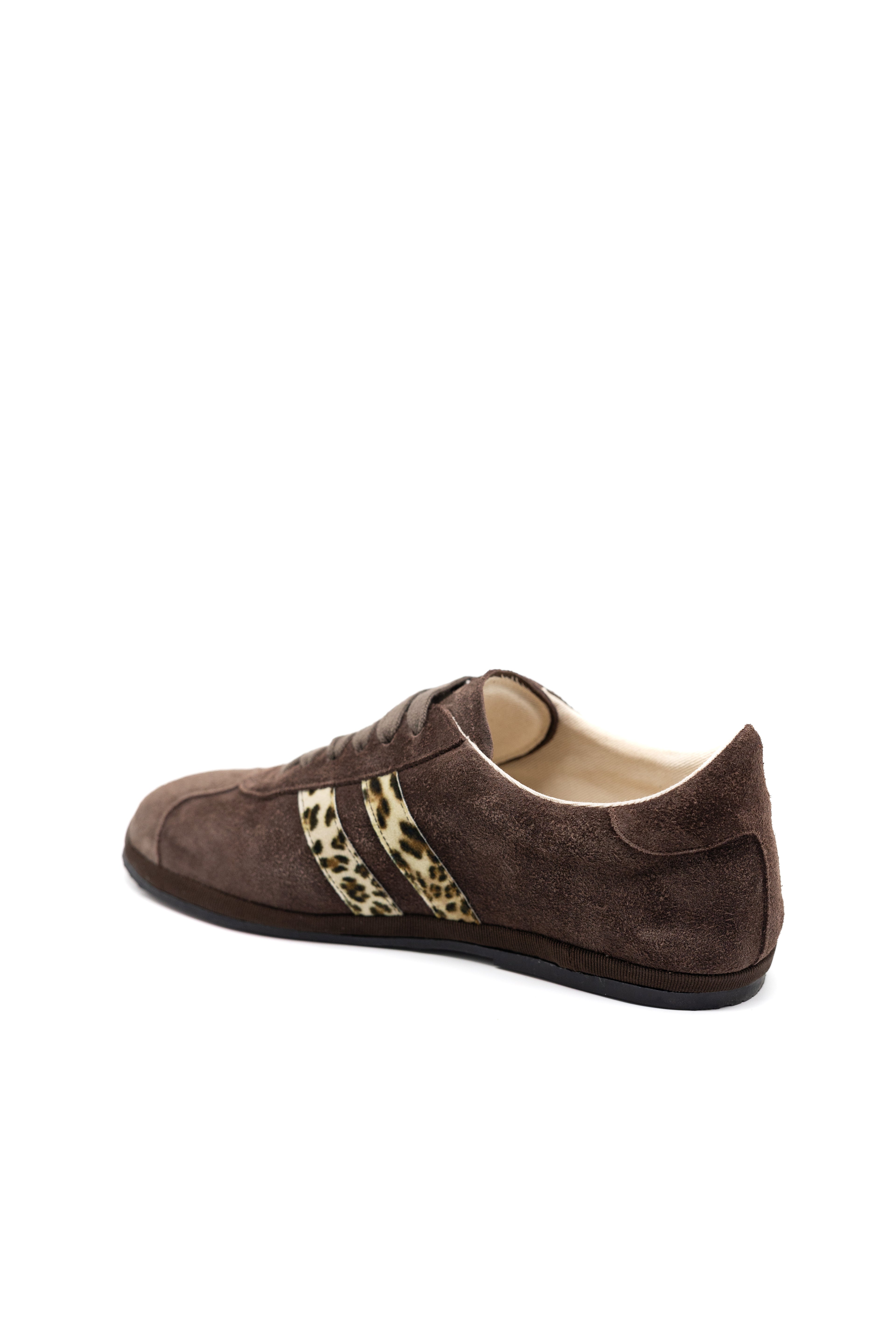 Handcrafted Gondolina Caorlina Sneakers in brown suede and leopard detail, featuring authentic Venetian design, back view