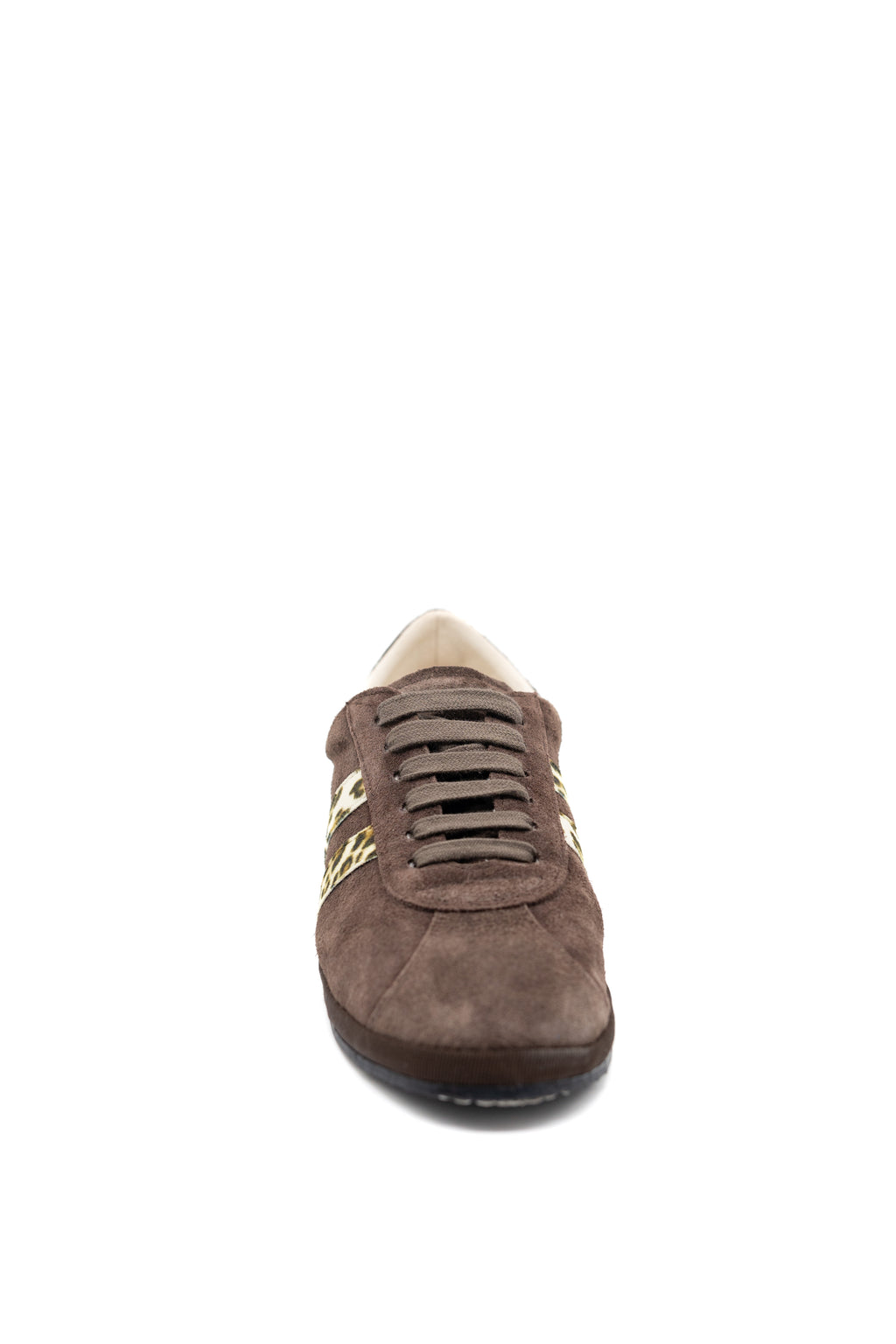 Handcrafted Gondolina Caorlina Sneakers in brown suede and leopard detail, featuring authentic Venetian design, front view