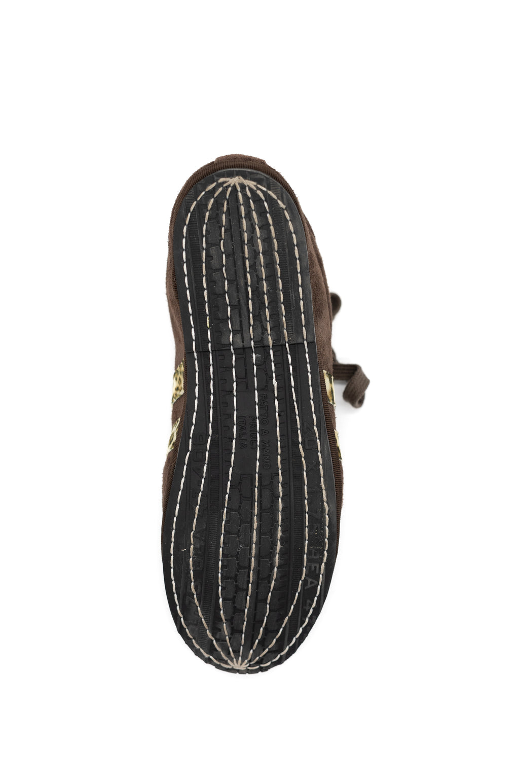 Handcrafted Gondolina Caorlina Sneakers in brown suede and leopard detail, featuring authentic Venetian design, sole detail