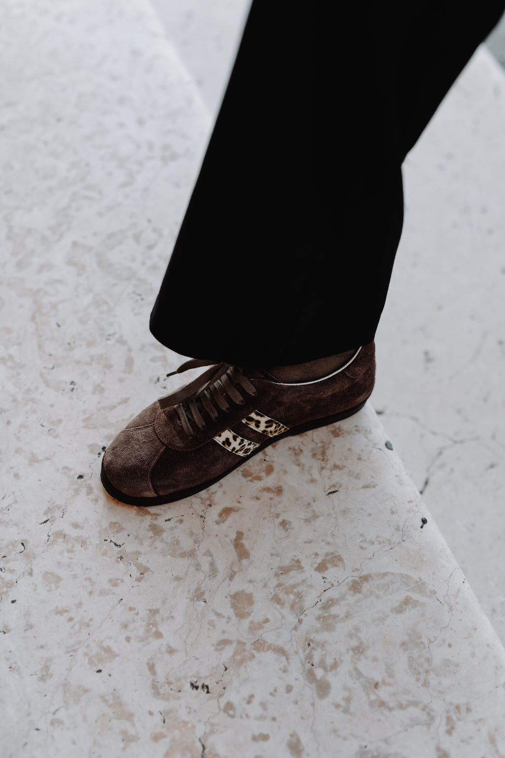 Handcrafted Gondolina Caorlina Sneakers in brown suede and leopard detail, featuring authentic Venetian design, details