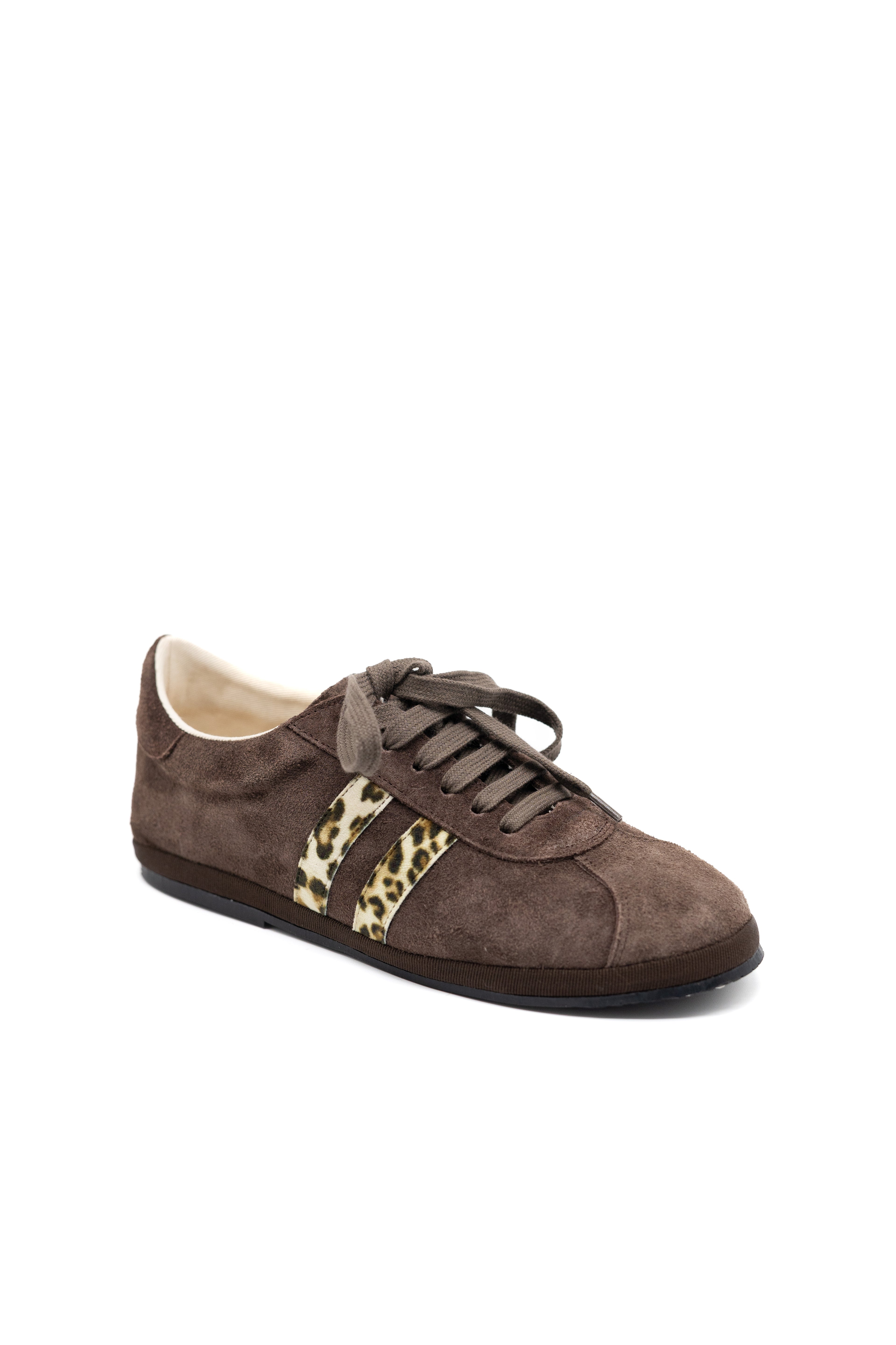 Handcrafted Gondolina Caorlina Sneakers in brown suede and leopard detail, featuring authentic Venetian design, laces